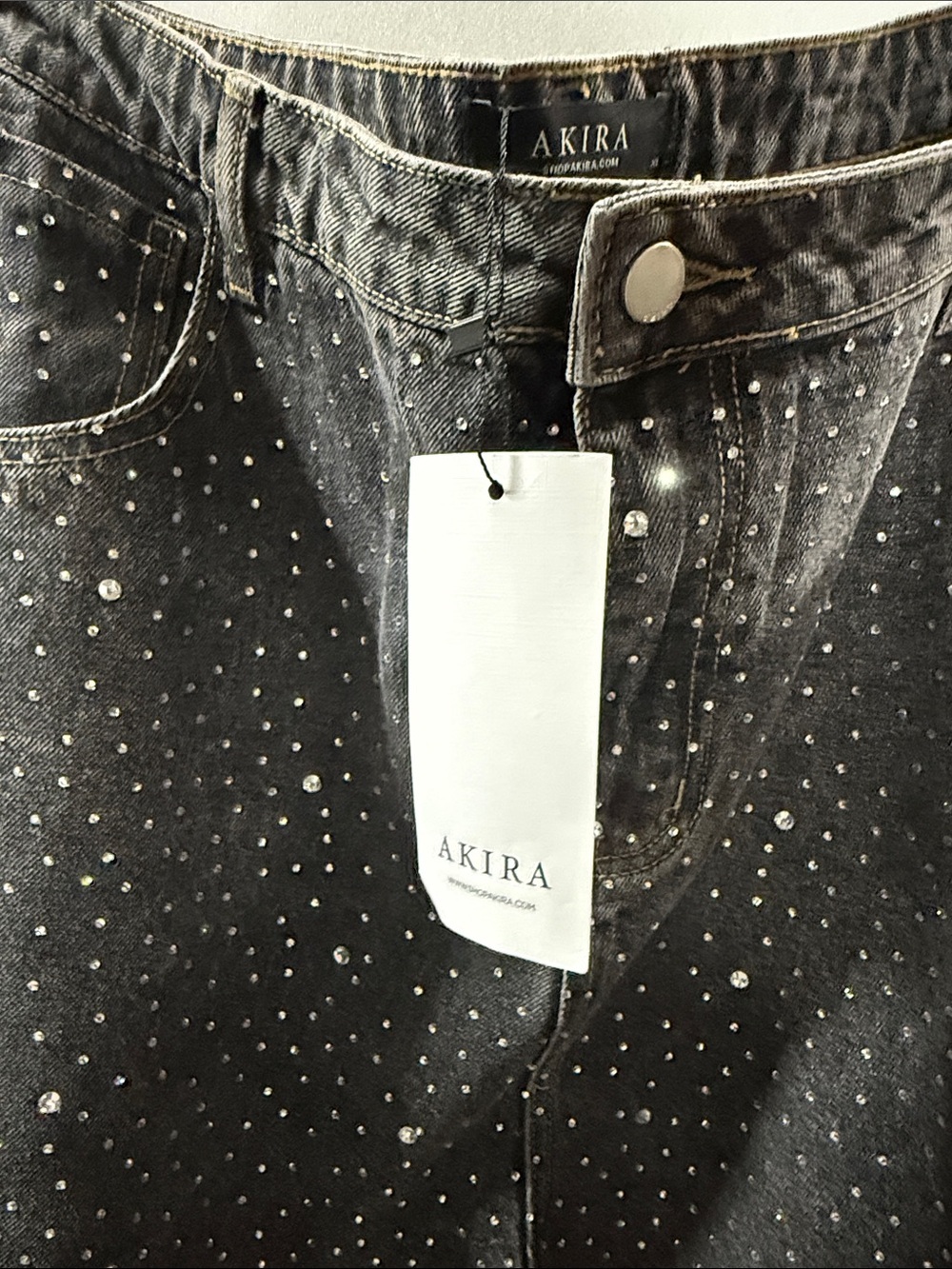 🔥🔥AKIRA Black Wide-Leg Jeans with All-Over Silver Rhinestones - Picture 10 of 10